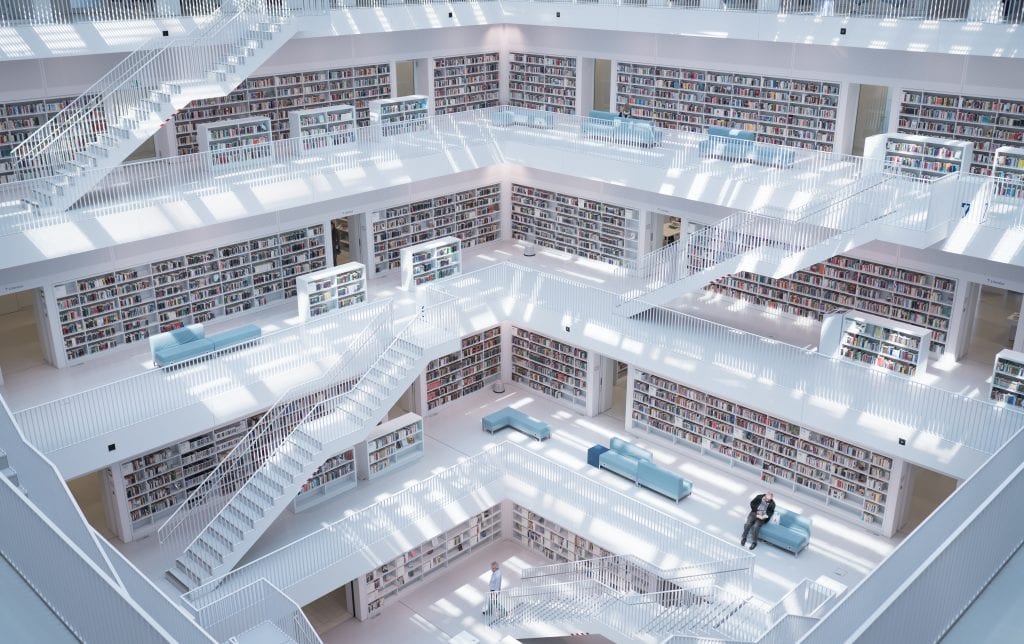 A vast, multi-storey modern library.