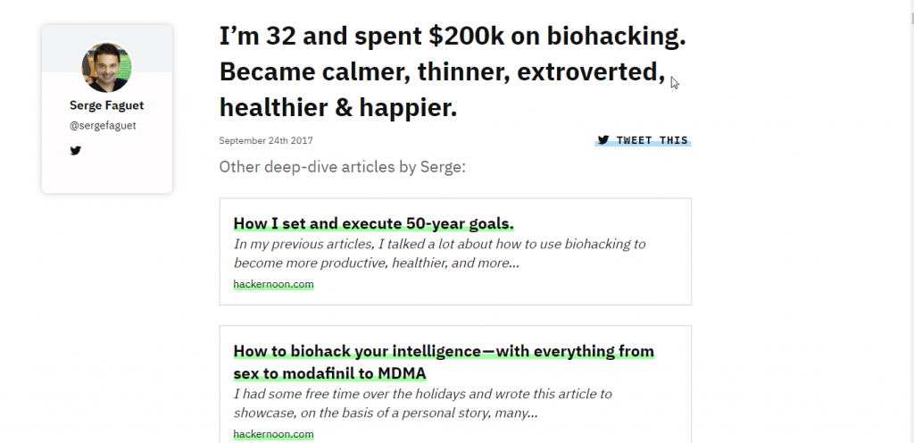 Screenshot of Serge Fauget's post about biohacking.