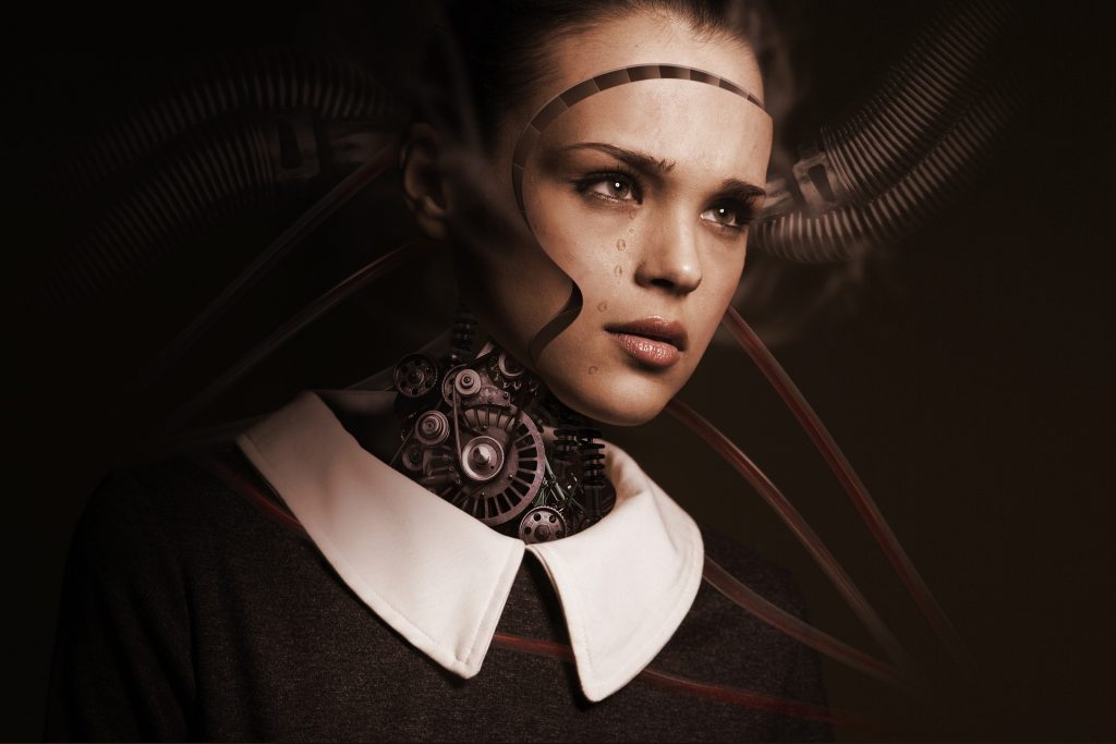 Digitally-altered image of a half-woman, half-robot.
