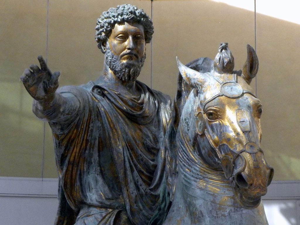 Bronze statue of Marcus Aurelius riding a horse.