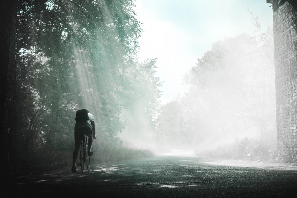 Person cycling in a forest.