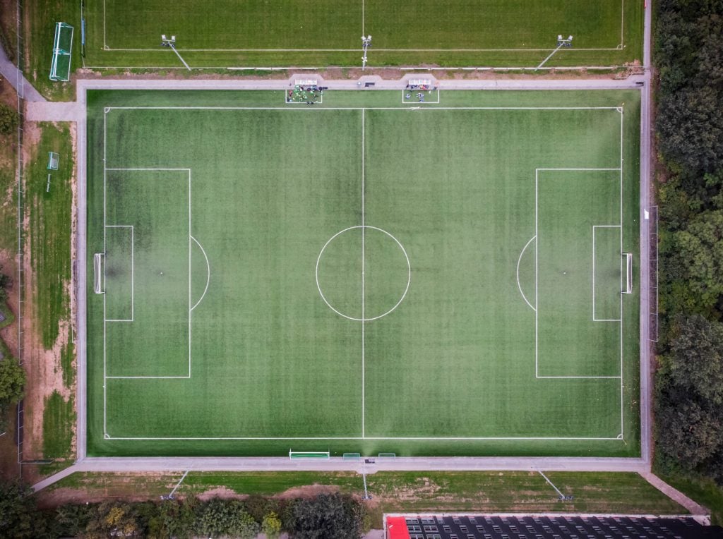 Bird's eye view of a football pitch.