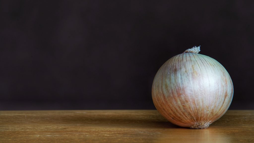 Close up of an onion on a table.