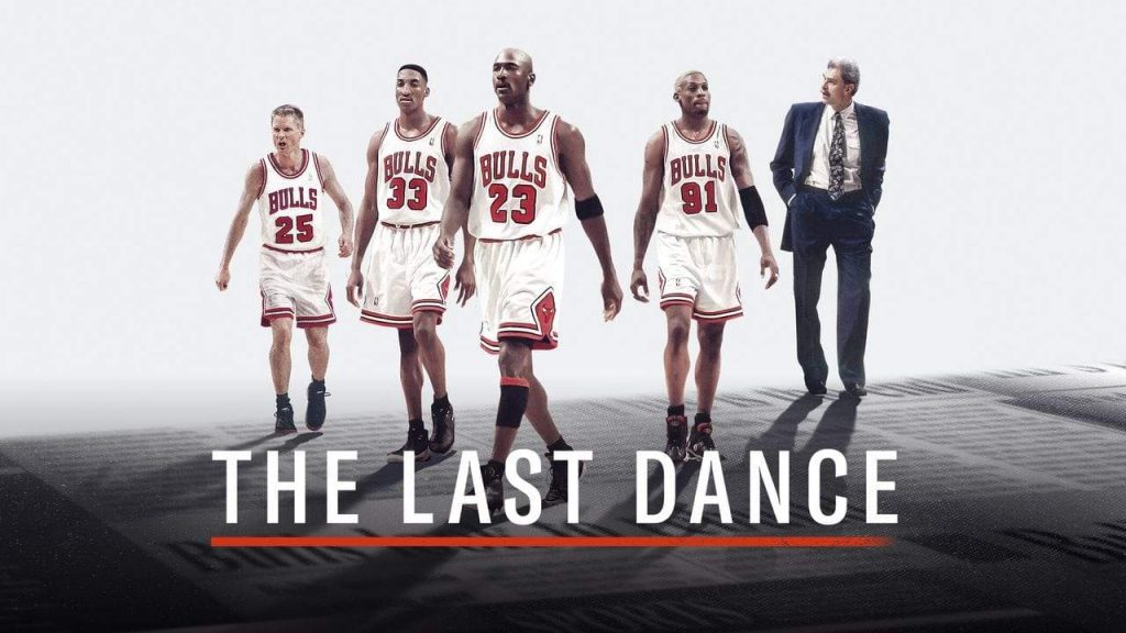 Cover art for the documentary 'The Last Dance' showing Michael Jordan and three other team mates and the coach.
