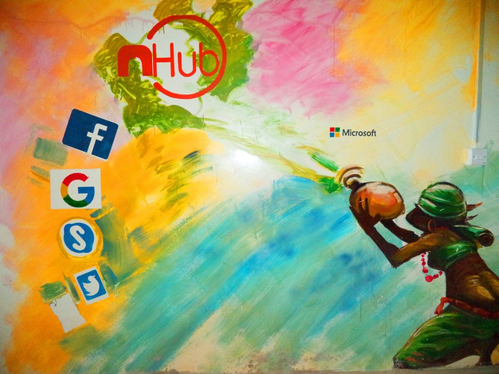 Colourful panting of an Afircan woman in traditional dress throwing social media company logos from a pot