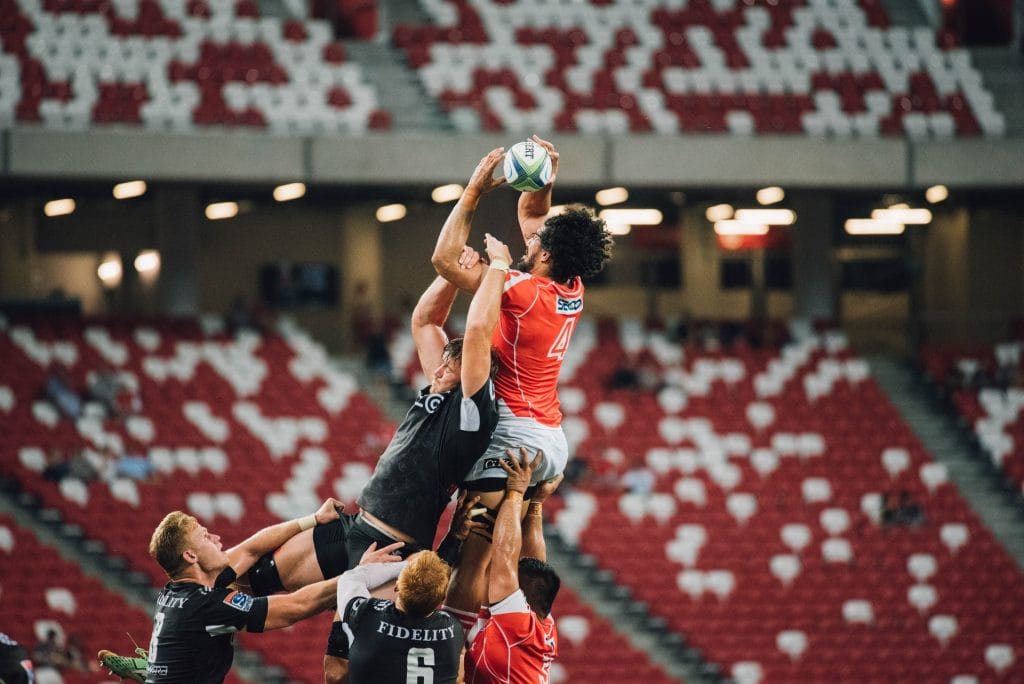 Rugby players in a lineout.
