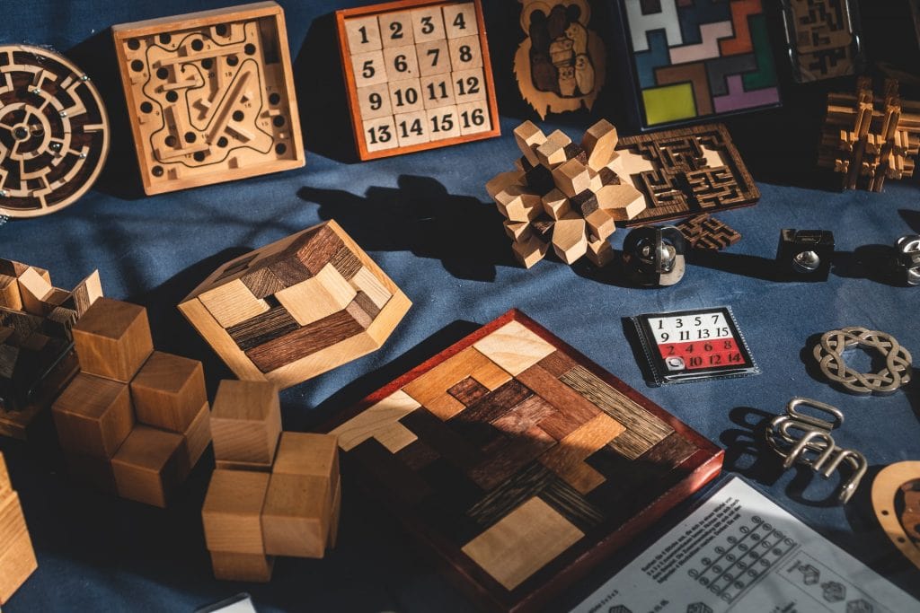 Various wooden problem solving games.