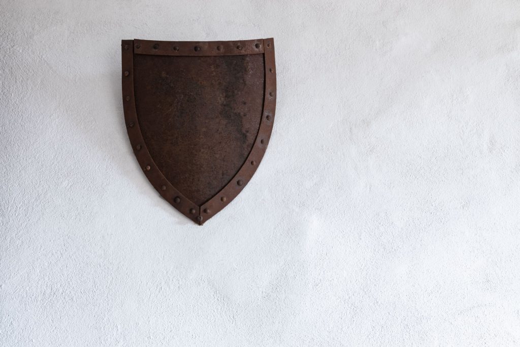 Medieval shield hanging on a wall. 