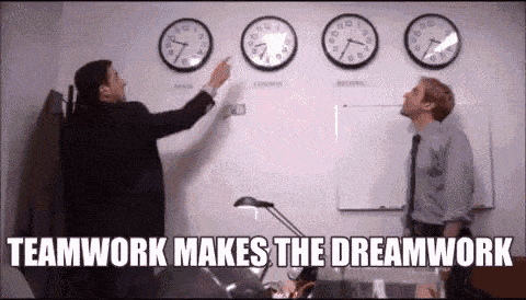 Gif of an amusing scene from 'The Office', employees throwing crisps into each other's mouths with the caption 'Teamwork makes the dreamwork'.