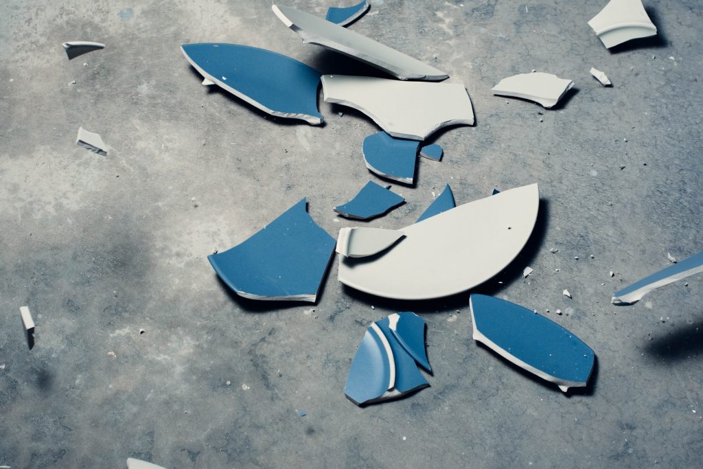 Top view of a shattered plate on the floor.